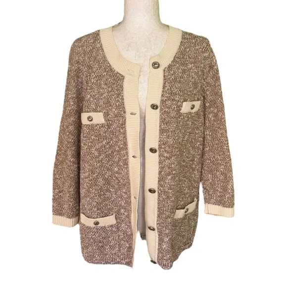 J. Jill Wearever Contrast Trimmed Knit Cardigan Jacket in Camel/Porcelain - M